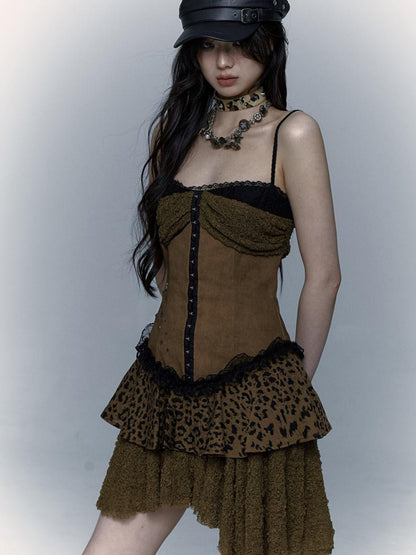 NO ROMANCE Dark Punk Patchwork Lace Asymetric Leopard Print Bodycon Dress