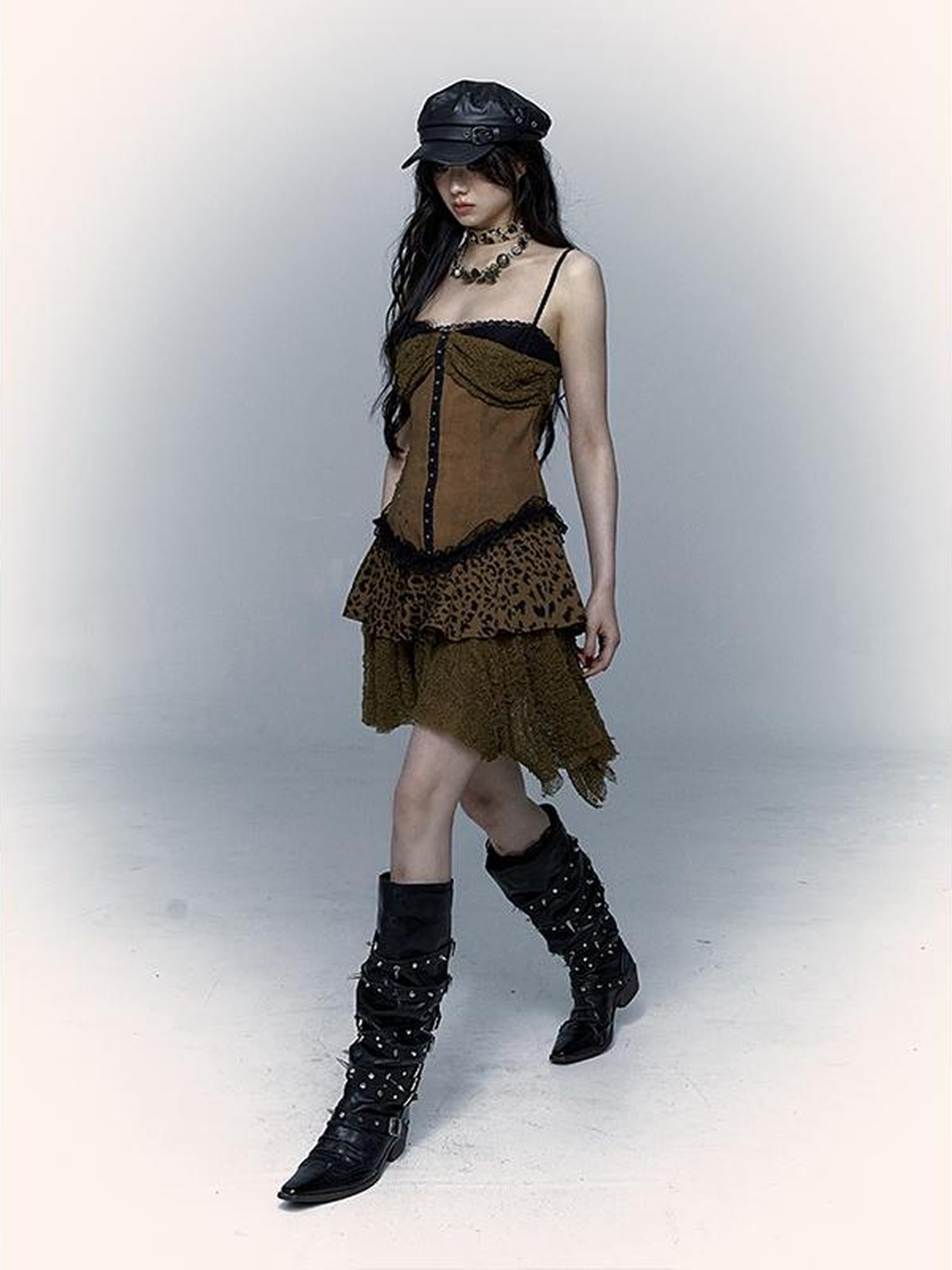NO ROMANCE Dark Punk Patchwork Lace Asymetric Leopard Print Bodycon Dress