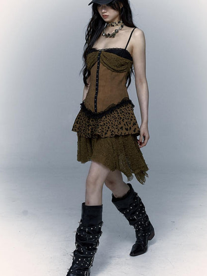 NO ROMANCE Dark Punk Patchwork Lace Asymetric Leopard Print Bodycon Dress