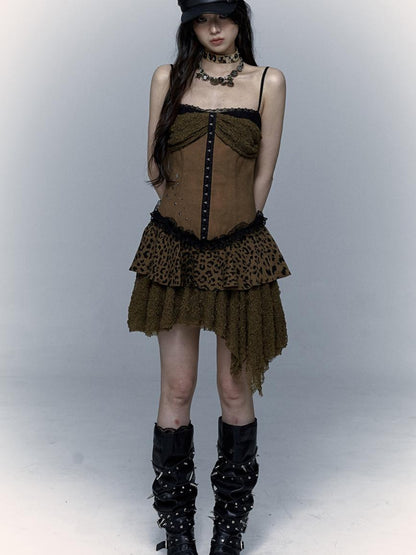 NO ROMANCE Dark Punk Patchwork Lace Asymetric Leopard Print Bodycon Dress