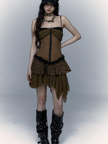 NO ROMANCE Dark Punk Patchwork Lace Asymetric Leopard Print Bodycon Dress