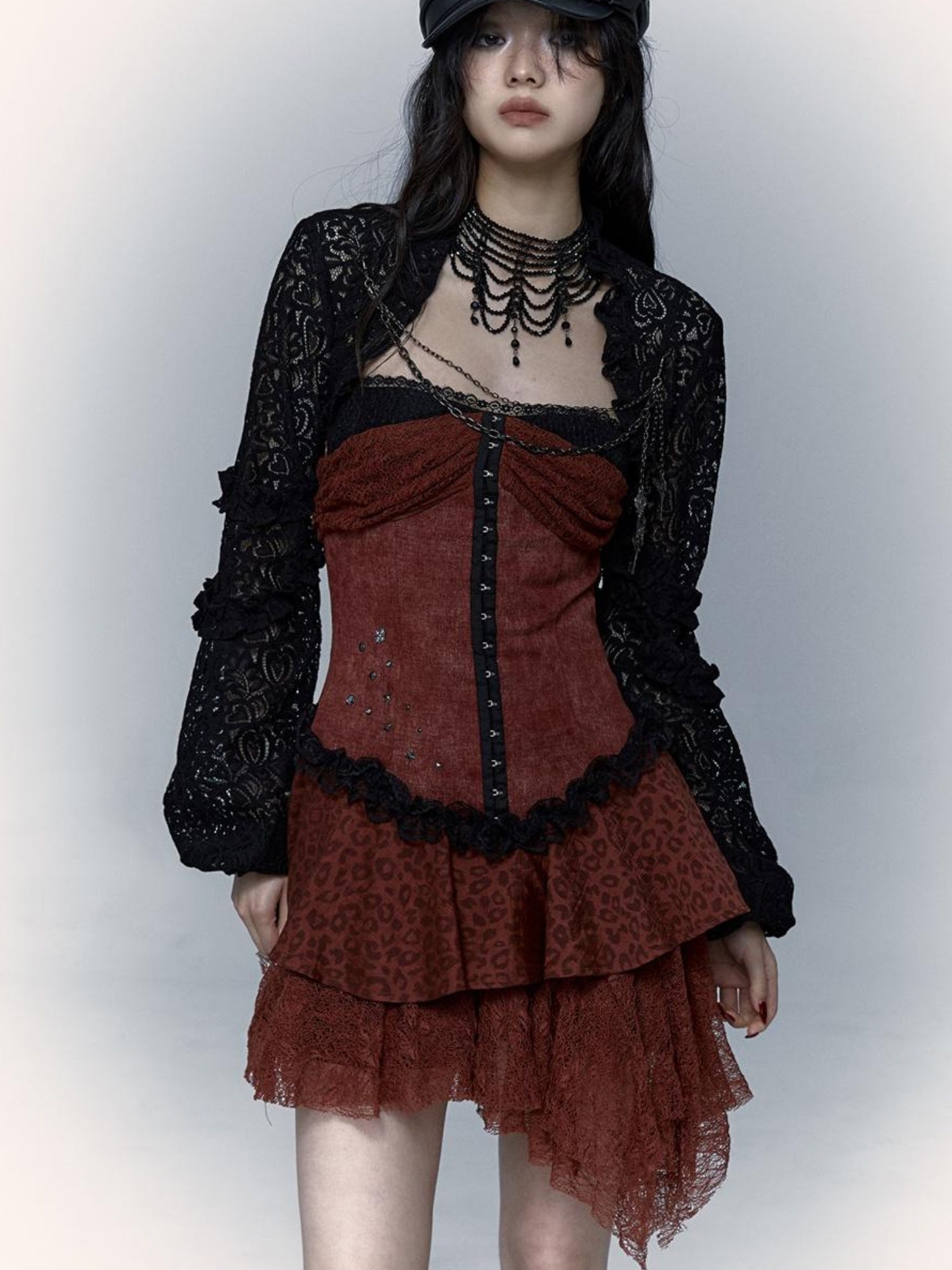 NO ROMANCE Dark Punk Patchwork Lace Asymetric Leopard Print Bodycon Dress
