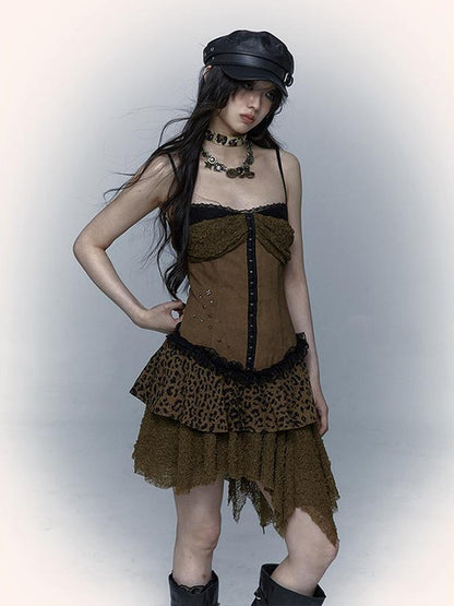 NO ROMANCE Dark Punk Patchwork Lace Asymetric Leopard Print Bodycon Dress