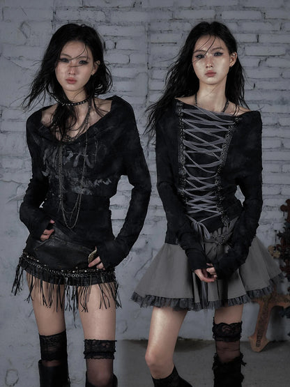 Dark Punk Print Off-Shoulder Long Sleeve Reversible T-Shirt