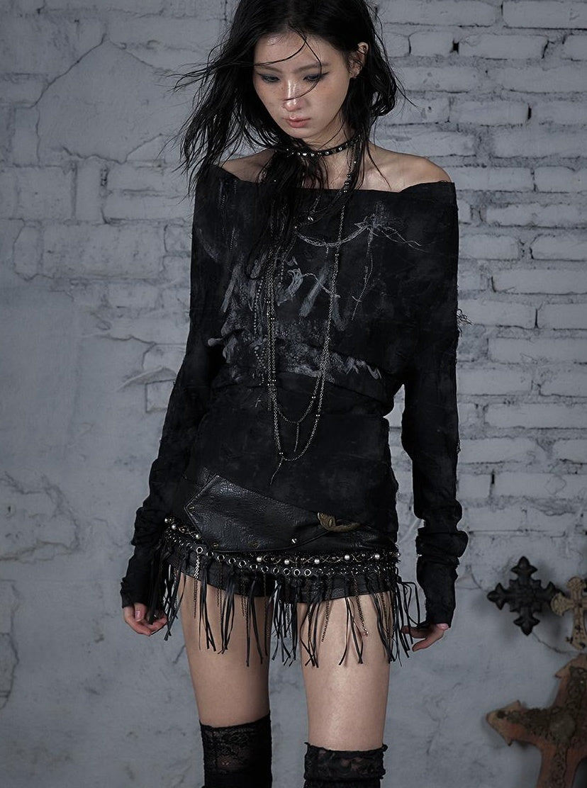 Dark Punk Print Off-Shoulder Long Sleeve Reversible T-shirt