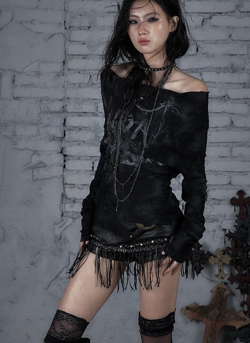 Dark Punk Print Off-Shoulder Long Sleeve Reversible T-shirt