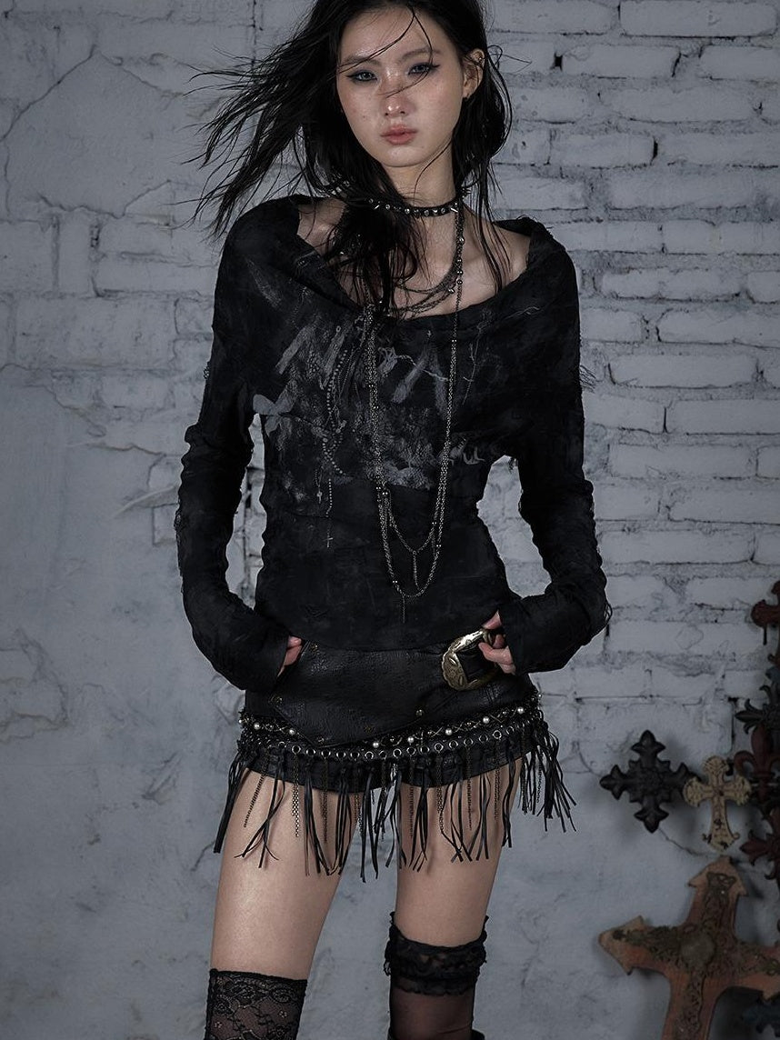 Dark Punk Print Off-Shoulder Long Sleeve Reversible T-shirt