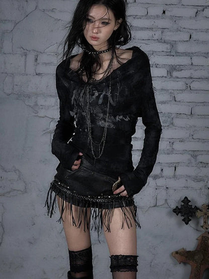 Dark Punk Print Off-Shoulder Long Sleeve Reversible T-Shirt