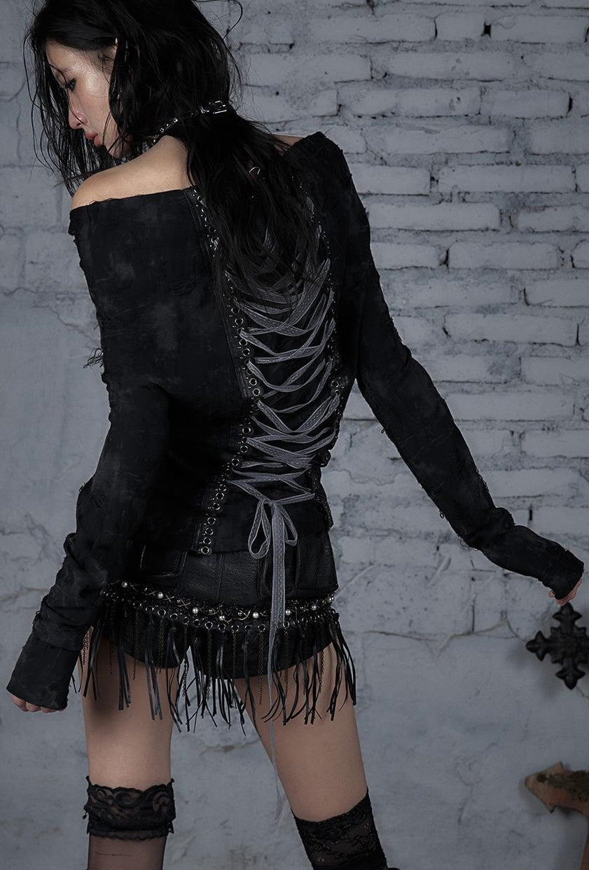 Dark Punk Print Off-Shoulder Long Sleeve Reversible T-shirt
