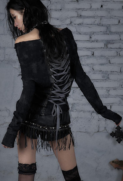 Dark Punk Print Off-Shoulder Long Sleeve Reversible T-shirt