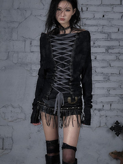 Dark Punk Print Off-Shoulder Long Sleeve Reversible T-shirt