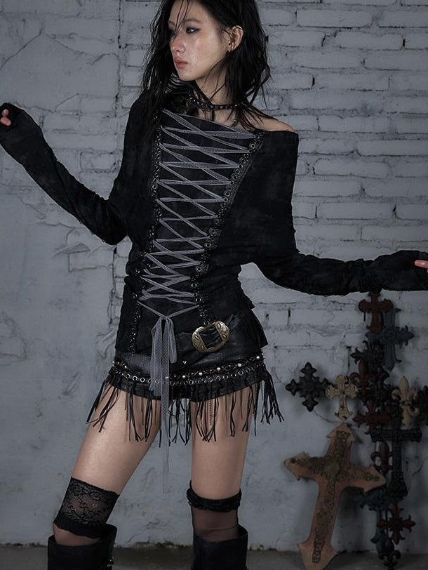 Dark Punk Print Off-Shoulder Long Sleeve Reversible T-shirt