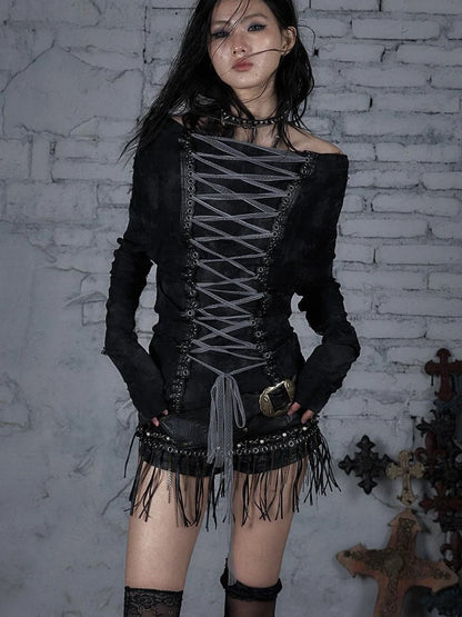 Dark Punk Print Off-Shoulder Long Sleeve Reversible T-Shirt