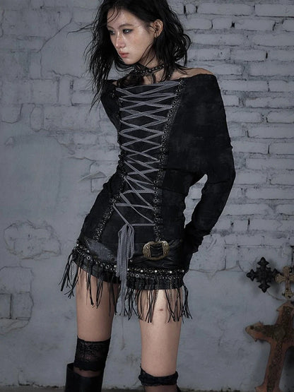 Dark Punk Print Off-Shoulder Long Sleeve Reversible T-Shirt