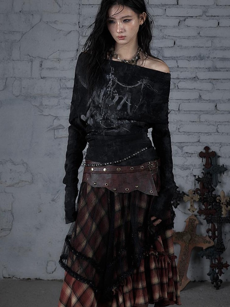 Dark Punk Print Off-Shoulder Long Sleeve Reversible T-shirt