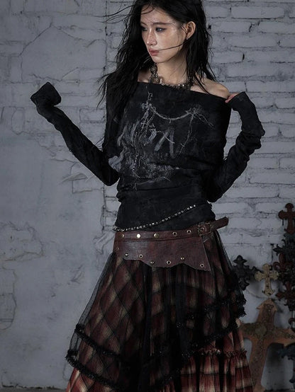 Dark Punk Print Off-Shoulder Long Sleeve Reversible T-Shirt