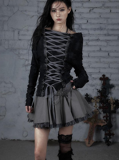 Dark Punk Print Off-Shoulder Long Sleeve Reversible T-shirt