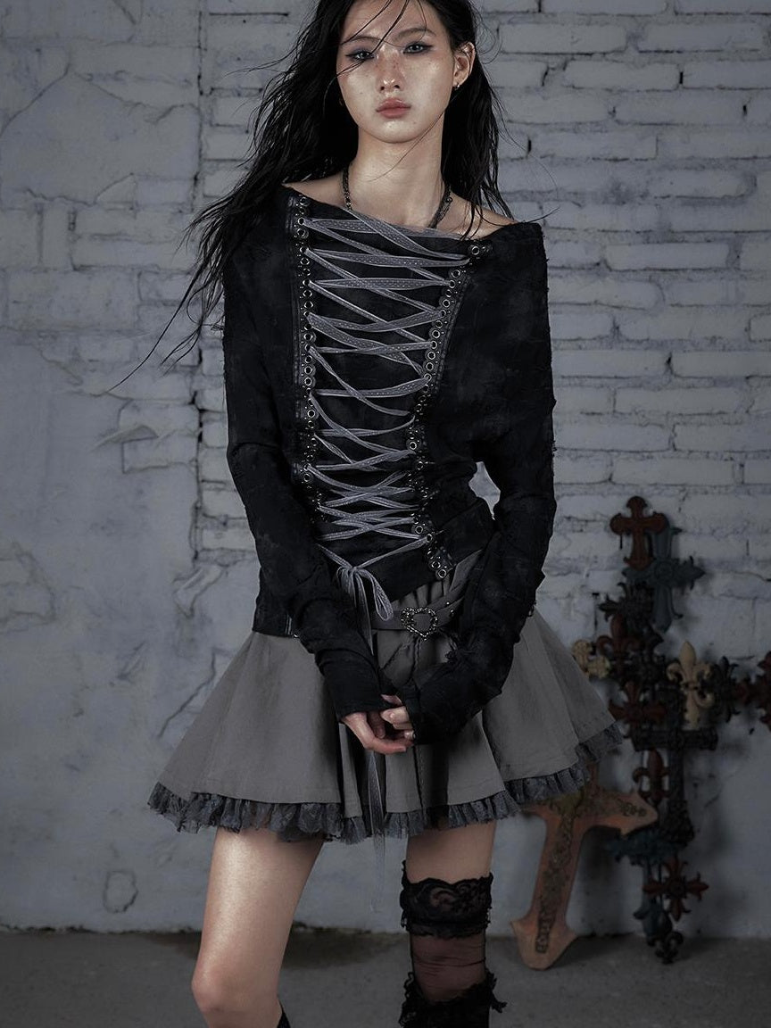 Dark Punk Print Off-Shoulder Long Sleeve Reversible T-shirt