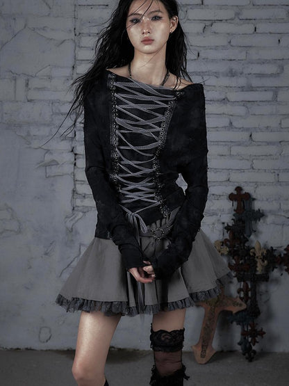 Dark Punk Print Off-Shoulder Long Sleeve Reversible T-shirt