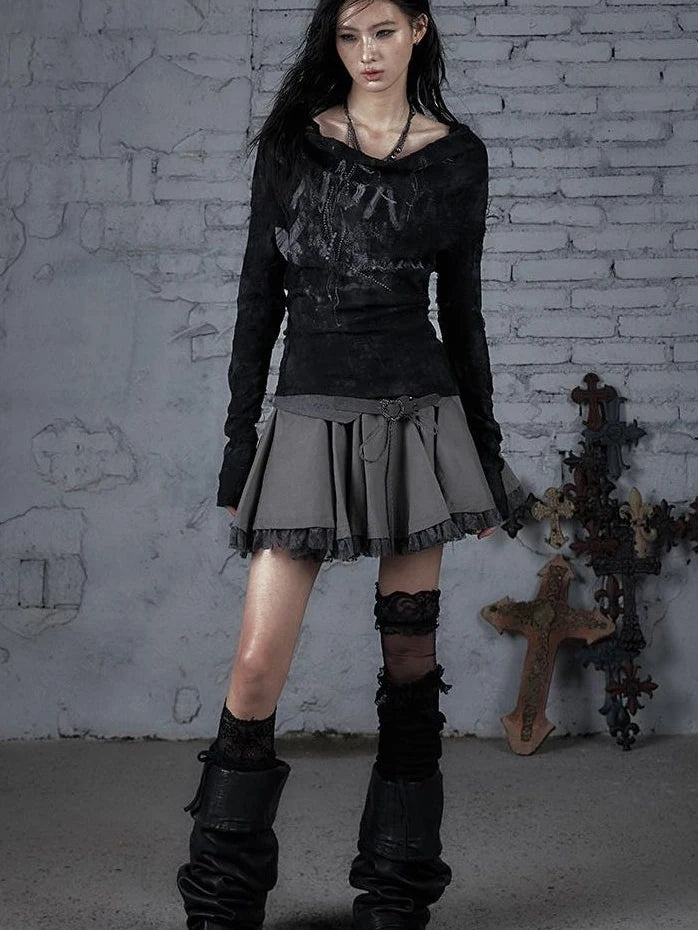 Dark Punk Print Off-Shoulder Long Sleeve Reversible T-Shirt
