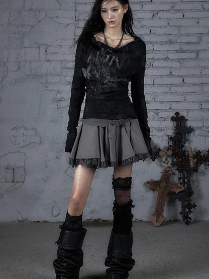 Dark Punk Print Off-Shoulder Long Sleeve Reversible T-Shirt