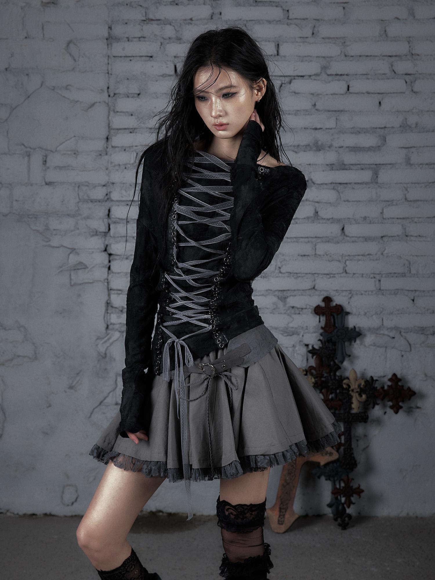 Dark Punk Print Off-Shoulder Long Sleeve Reversible T-shirt