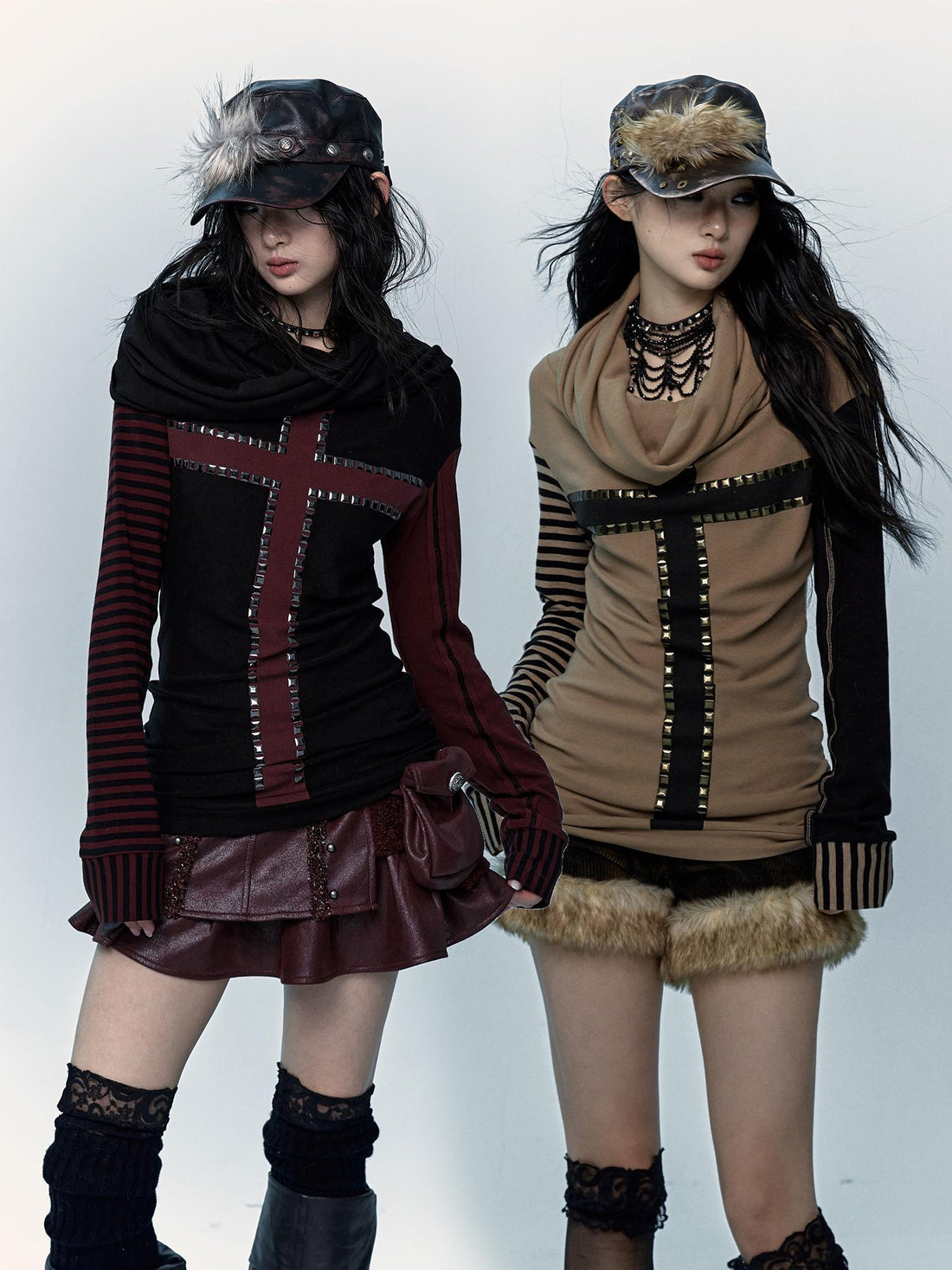 Dark Punk Wasteland Slouchy Hooded Striped Long Sleeve T-shirt