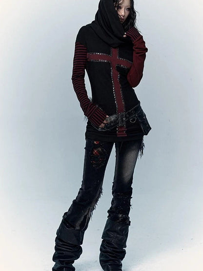 Dark Punk Wasteland Slouchy Hooded Striped Long Sleeve T-Shirt