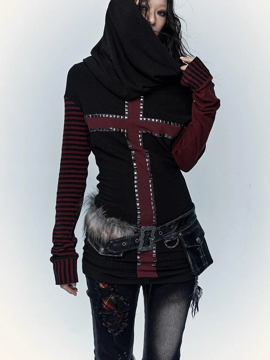 Dark Punk Wasteland Slouchy Hooded Striped Long Sleeve T-Shirt