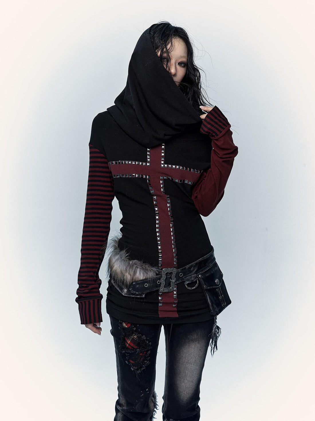 Dark Punk Wasteland Slouchy Hooded Striped Long Sleeve T-shirt