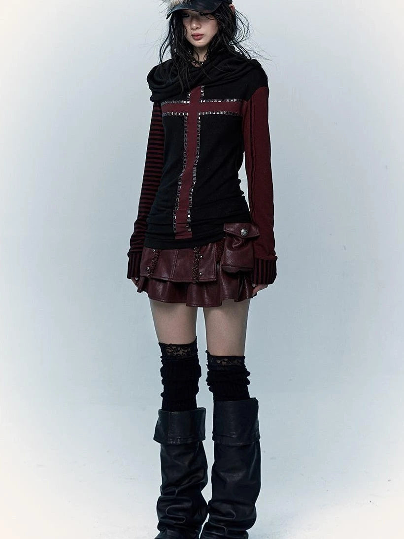 Dark Punk Wasteland Slouchy Hooded Striped Long Sleeve T-Shirt