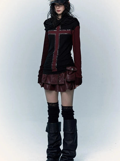 Dark Punk Wasteland Slouchy Hooded Striped Long Sleeve T-Shirt