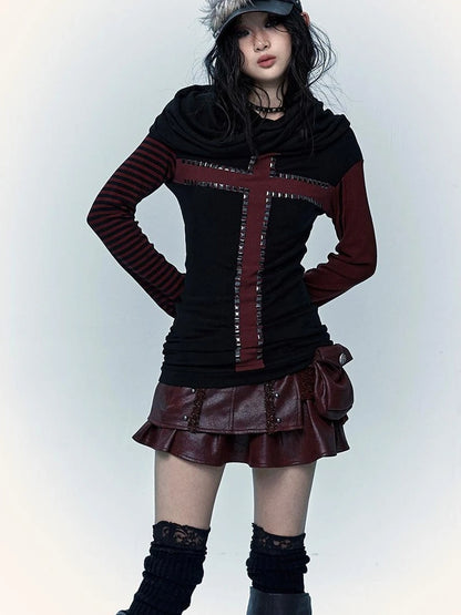 Dark Punk Wasteland Slouchy Hooded Striped Long Sleeve T-Shirt