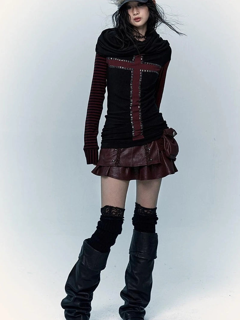 Dark Punk Wasteland Slouchy Hooded Striped Long Sleeve T-Shirt