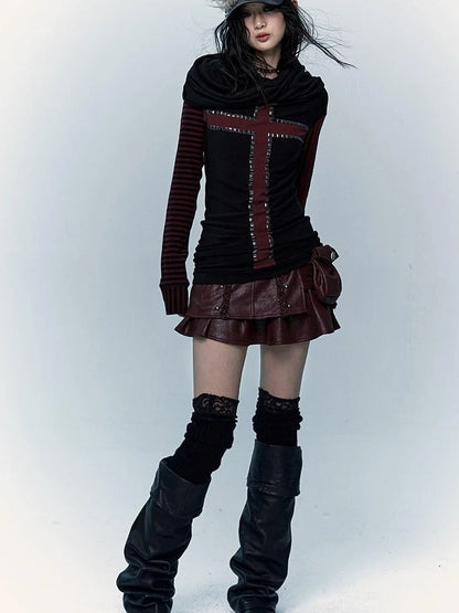 Dark Punk Wasteland Slouchy Hooded Striped Long Sleeve T-Shirt