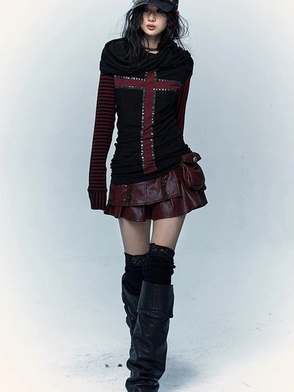 Dark Punk Wasteland Slouchy Hooded Striped Long Sleeve T-Shirt