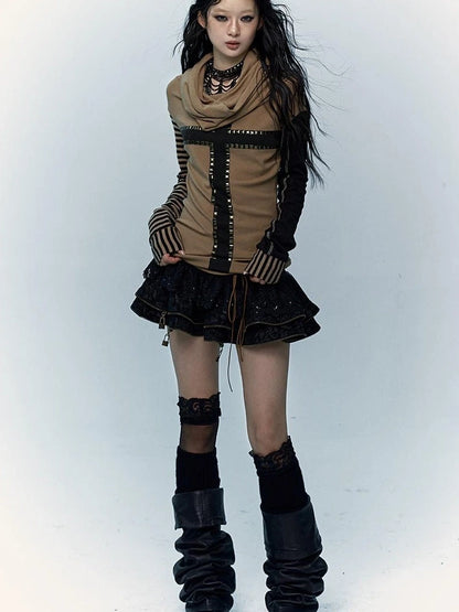 Dark Punk Wasteland Slouchy Hooded Striped Long Sleeve T-Shirt