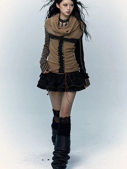 Dark Punk Wasteland Slouchy Hooded Striped Long Sleeve T-Shirt