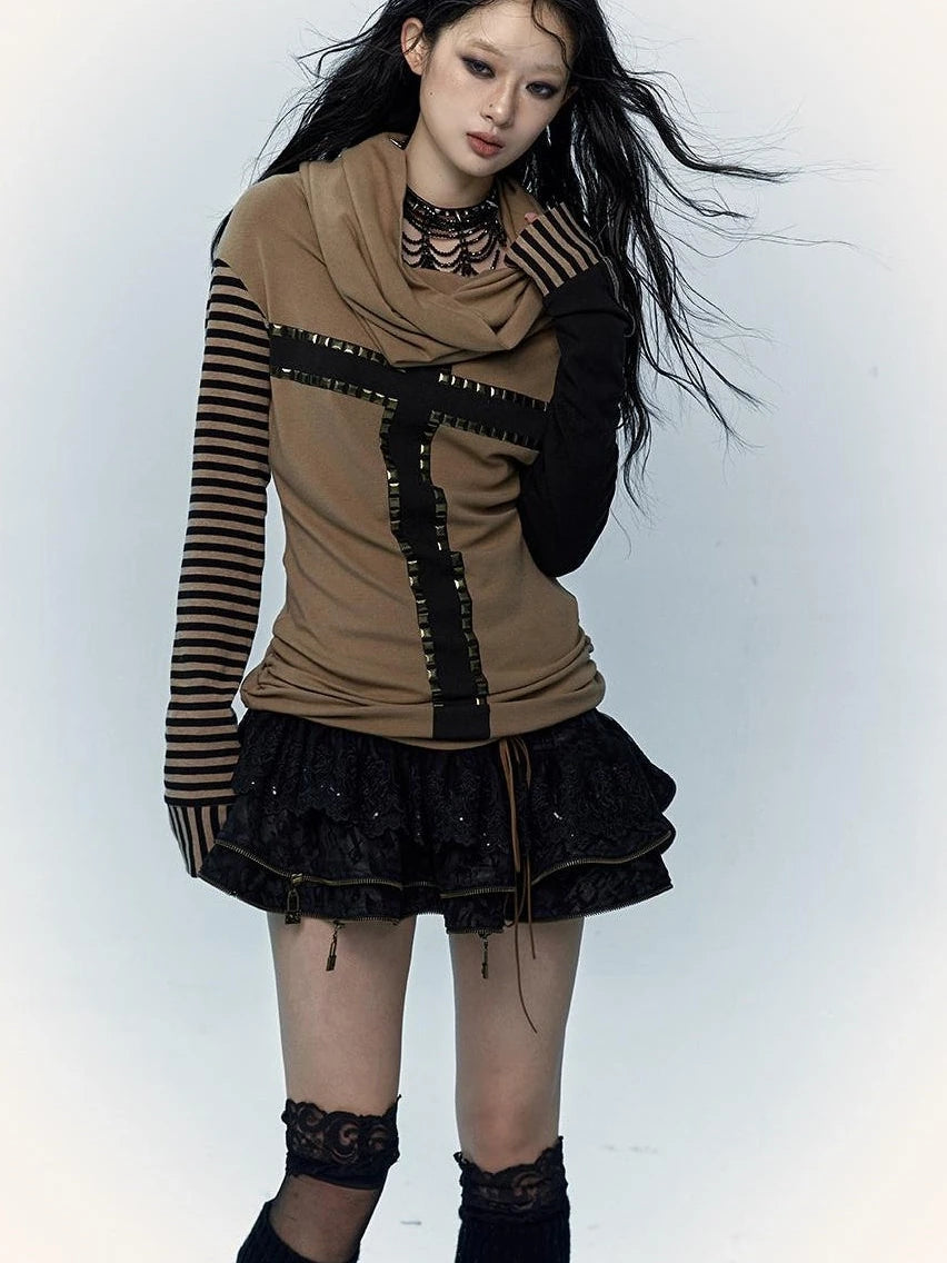 Dark Punk Wasteland Slouchy Hooded Striped Long Sleeve T-Shirt