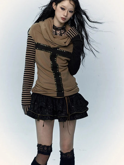 Dark Punk Wasteland Slouchy Hooded Striped Long Sleeve T-Shirt