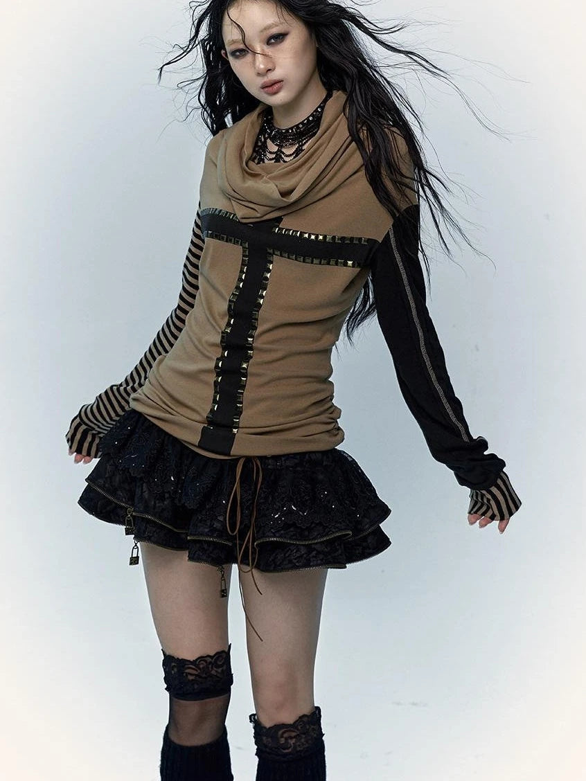 Dark Punk Wasteland Slouchy Hooded Striped Long Sleeve T-Shirt