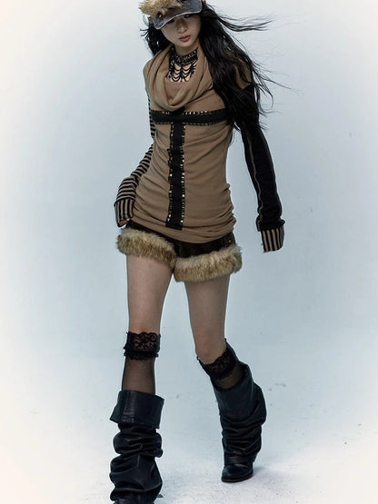 Dark Punk Wasteland Slouchy Hooded Striped Long Sleeve T-Shirt