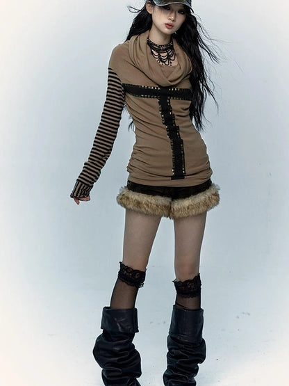 Dark Punk Wasteland Slouchy Hooded Striped Long Sleeve T-Shirt