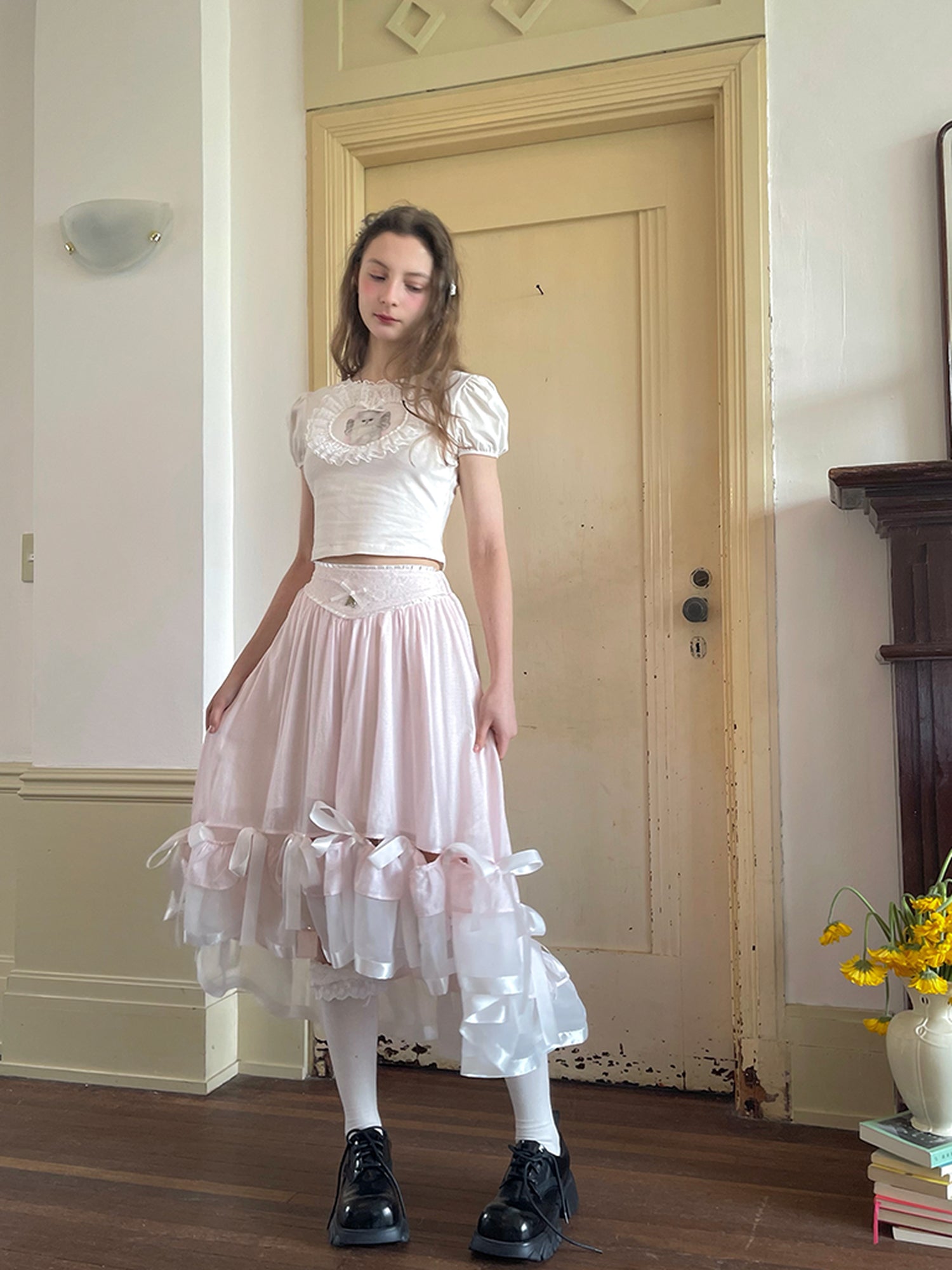 Daytoday Angel Cat Lace Bubble Sleeve Tie Front Tee