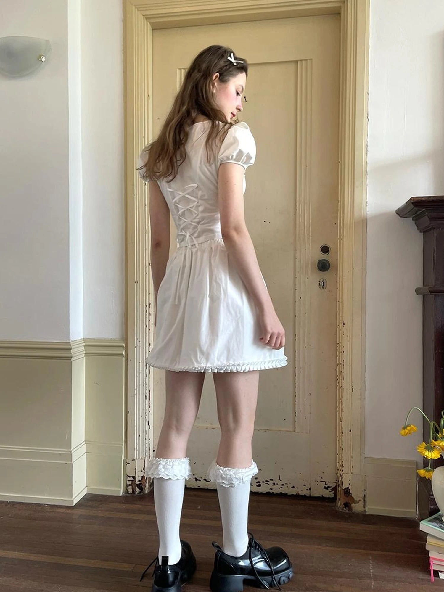 Angel Cat Lace Bubble Sleeve Tie Front Tee