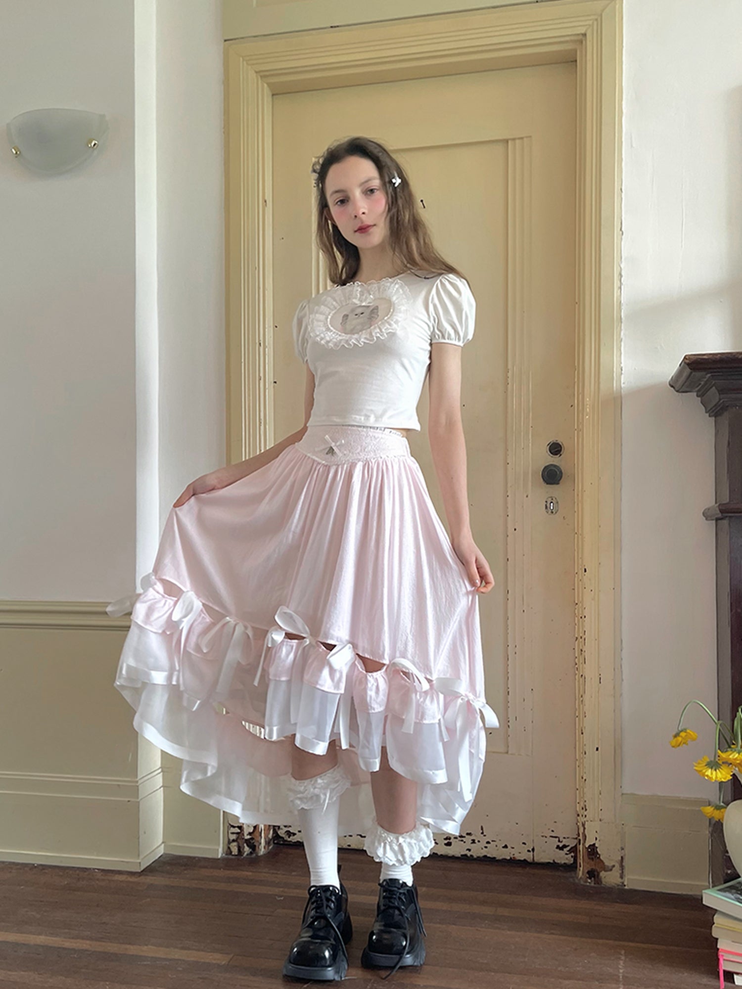 Daytoday Angel Cat Lace Bubble Sleeve Tie Front Tee