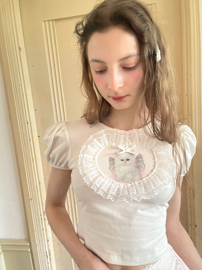 Daytoday Angel Cat Lace Bubble Sleeve Tie Front Tee