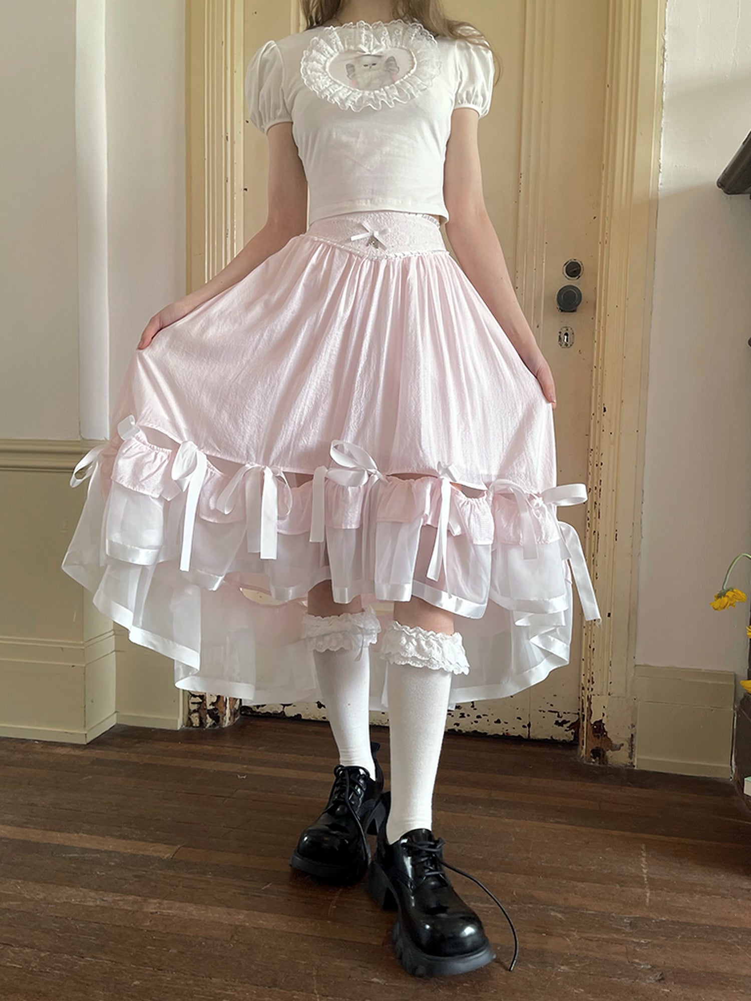 Daytoday Angel Cat Lace Bubble Sleeve Tie Front Tee
