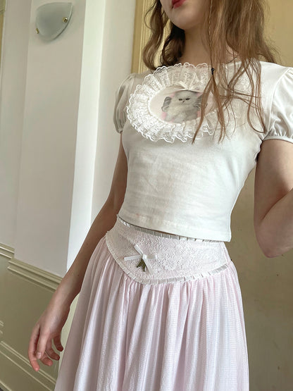 Daytoday Angel Cat Lace Bubble Sleeve Tie Front Tee