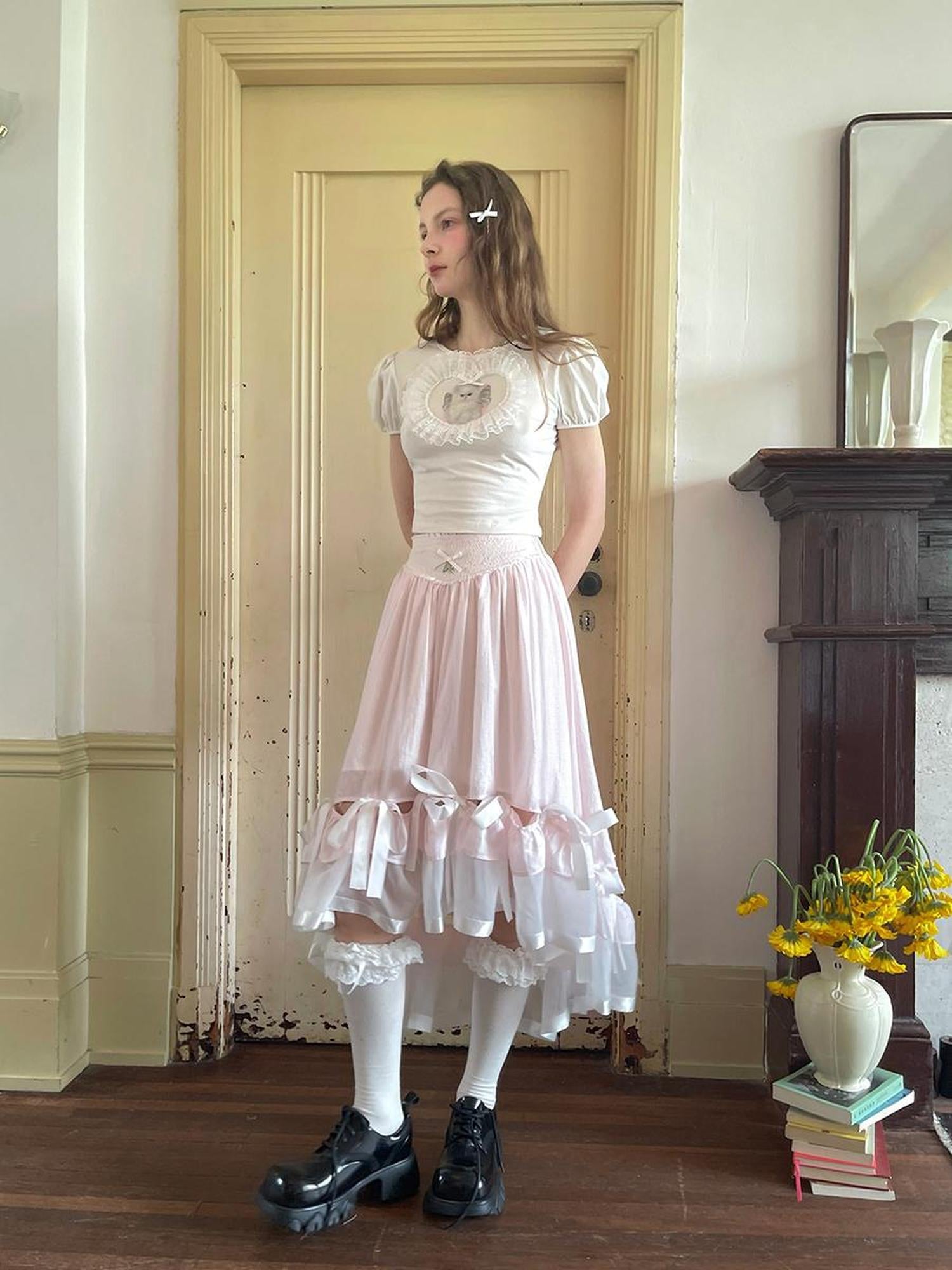 Daytoday Angel Cat Lace Bubble Sleeve Tie Front Tee